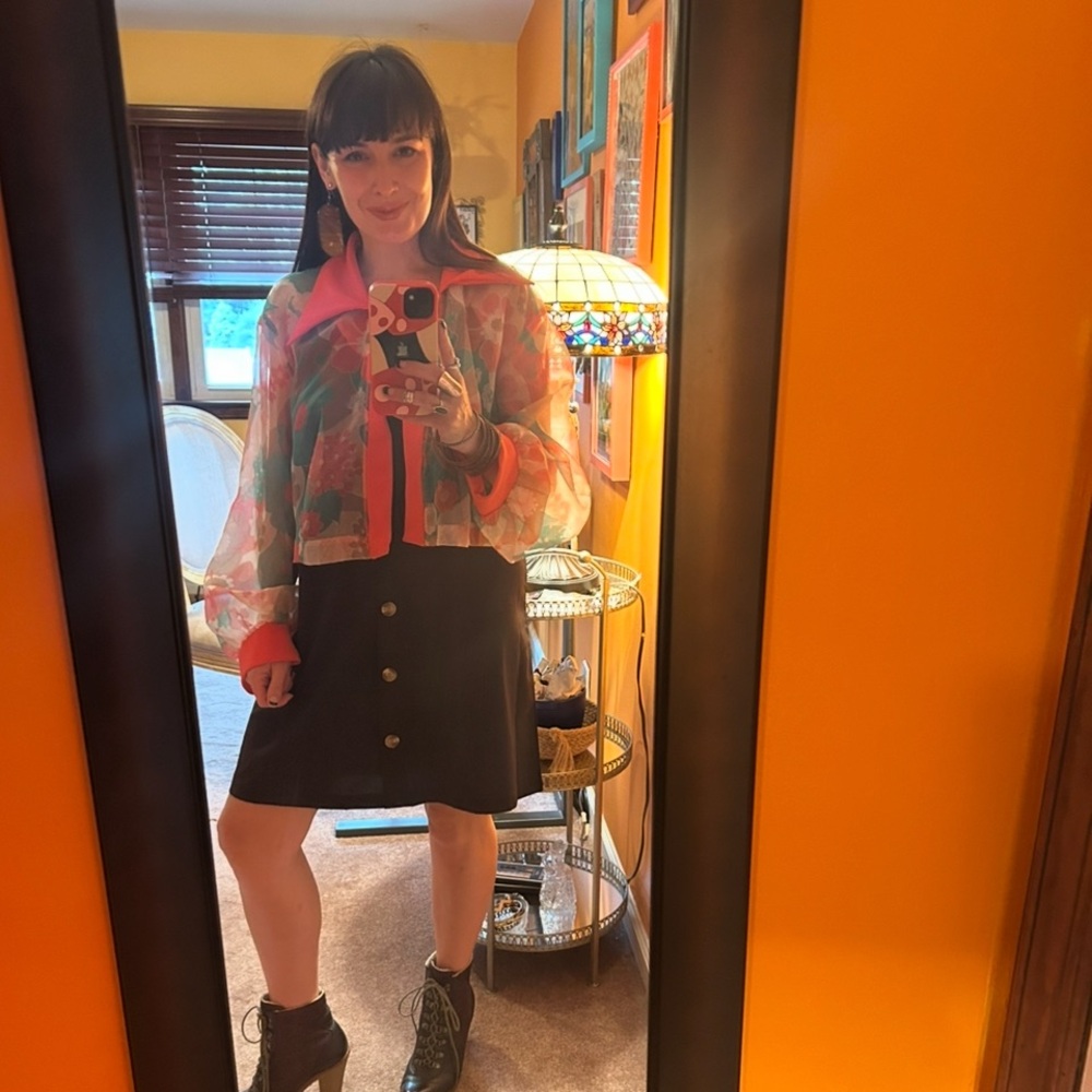 Vintage Sheer Floral Cropped Jacket with Neon Coral Trim